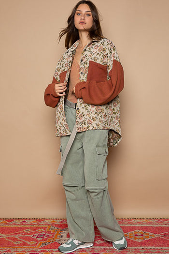 POL Button Down Floral Jacquard Shirt in Sand/Brick Shirts & Tops POL Clothing   
