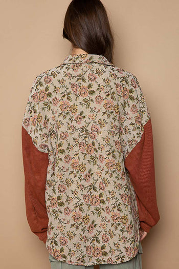 POL Button Down Floral Jacquard Shirt in Sand/Brick Shirts & Tops POL Clothing   