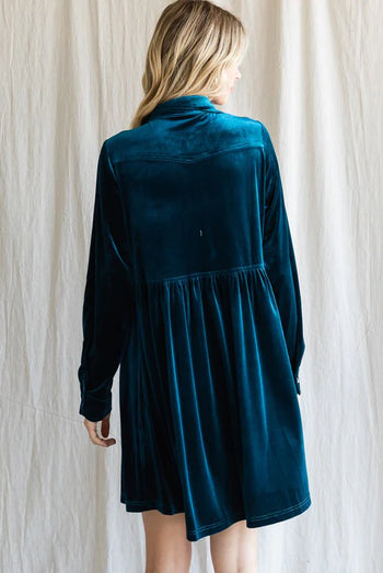 Jodifl Solid Color Velvet Button-up Baby Doll Dress in Teal 1XL