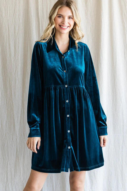 Jodifl Solid Color Velvet Button up Baby Doll Dress in Teal