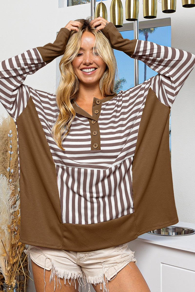 BiBi Thermal Knit Henley Stripe Pattern Top in Mocha