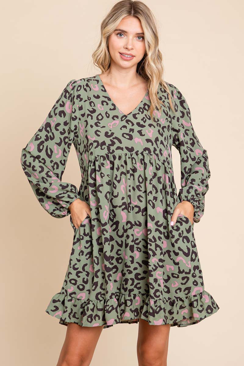 Jodifl Leopard Print Baby Doll Dress in Olive – June Adel