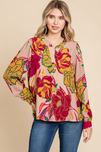 Jodifl Floral Print Open Fold Long Sleeves Top in Taupe Shirts & Tops Jodifl   