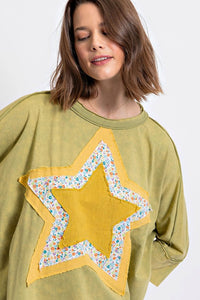 Easel Mineral Washed Star Patched Top in Matcha Latte Shirts & Tops Easel   