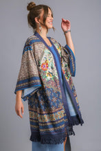 Load image into Gallery viewer, Umgee Open Front Print Kimono With Fringe Details in Teal Mix
