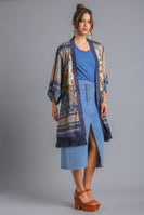 Umgee Open Front Print Kimono With Fringe Details in Teal Mix
