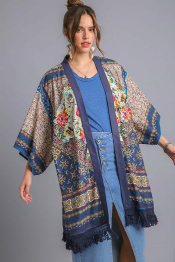 Umgee Open Front Print Kimono With Fringe Details in Teal Mix