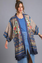 Load image into Gallery viewer, Umgee Open Front Print Kimono With Fringe Details in Teal Mix
