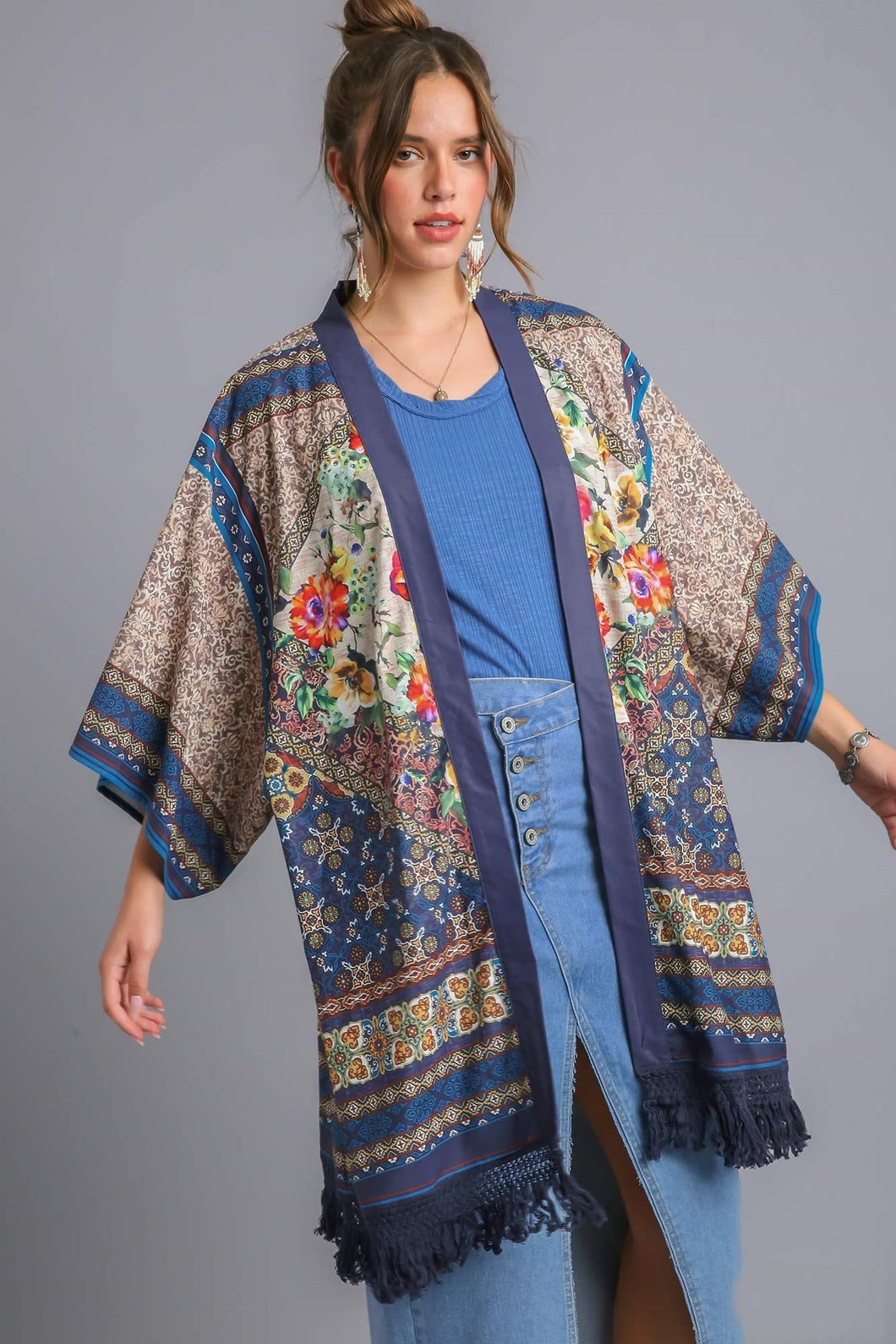 Umgee Open Front Print Kimono With Fringe Details in Teal Mix