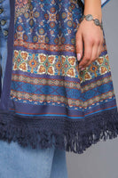 Umgee Open Front Print Kimono With Fringe Details in Teal Mix