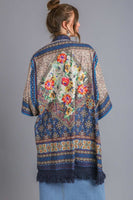 Umgee Open Front Print Kimono With Fringe Details in Teal Mix
