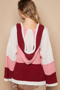 POL Color Block Chenille Hooded Sweater in Pink Burgundy Multi