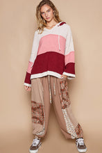 Load image into Gallery viewer, POL Color Block Chenille Hooded Sweater in Pink Burgundy Multi
