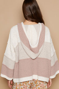 POL Color Block Chenille Hooded Sweater in Cream Beige Multi