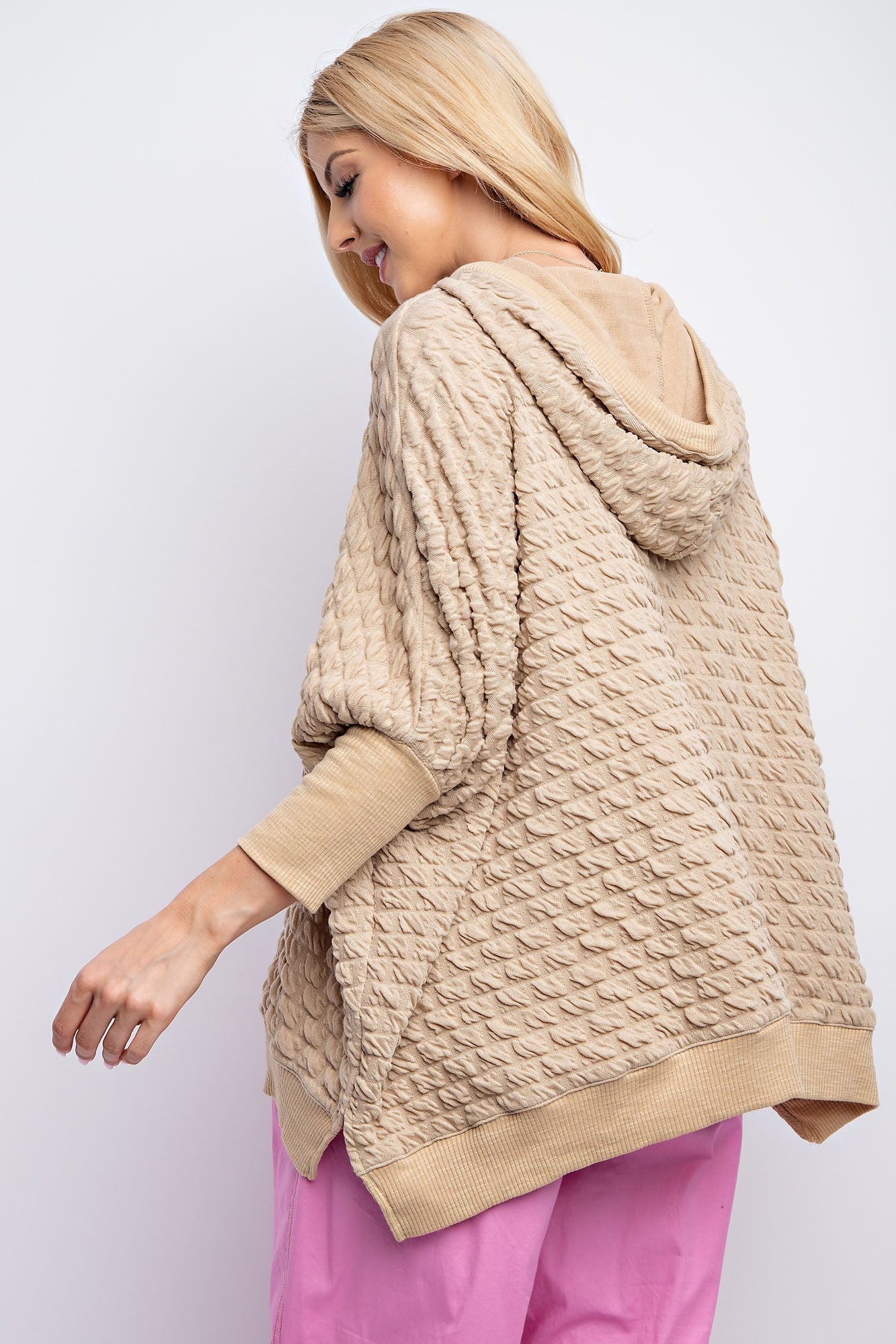 Easel Puffed Textured Hacci Knit Hooded Top in Khaki – June Adel
