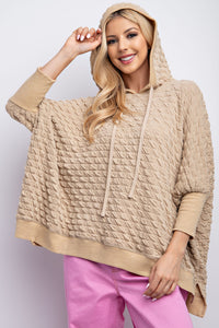 Easel Puffed Textured Hacci Knit Hoodie in Khaki Shirts & Tops Easel   