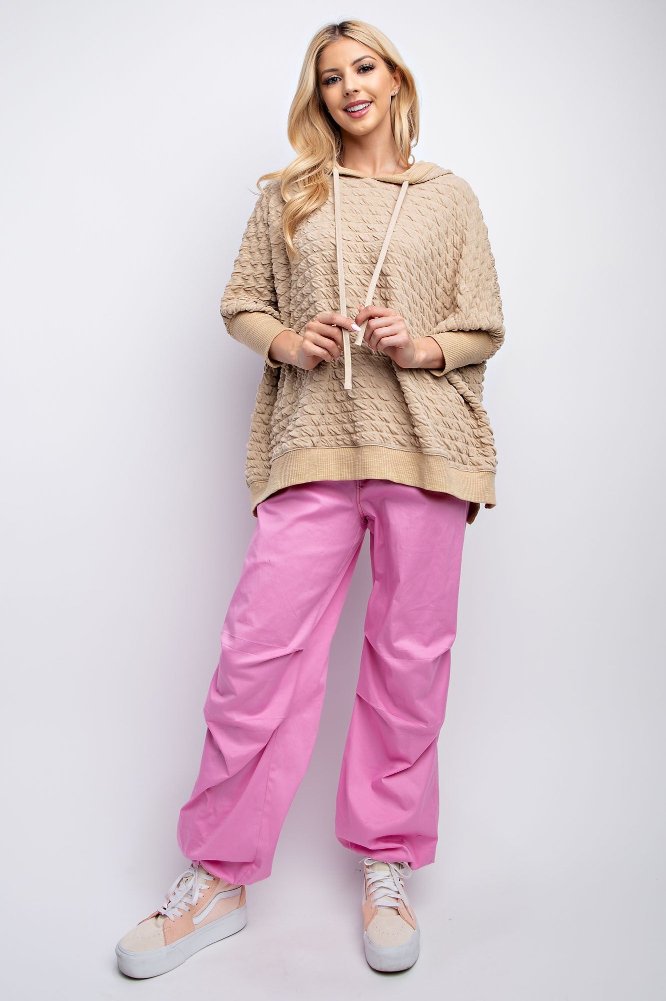 Easel Puffed Textured Hacci Knit Hooded Top in Khaki – June Adel