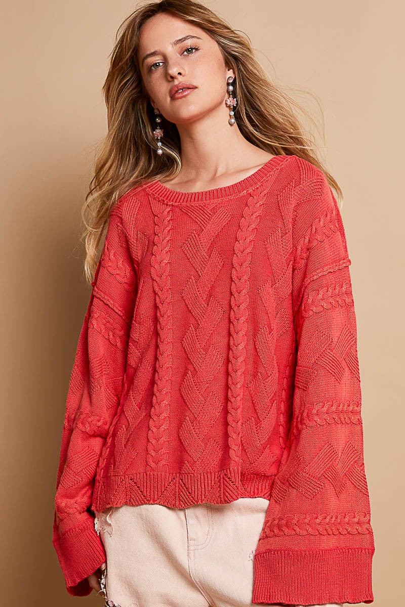 POL OVERSIZED Textured Vintage Washed Sweater in Cherry Red – June