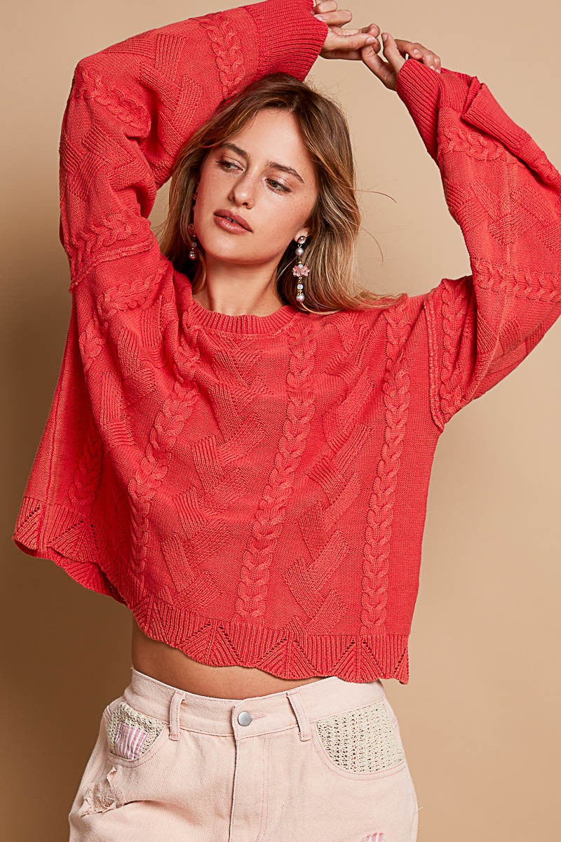 POL OVERSIZED Textured Vintage Washed Sweater in Cherry Red – June