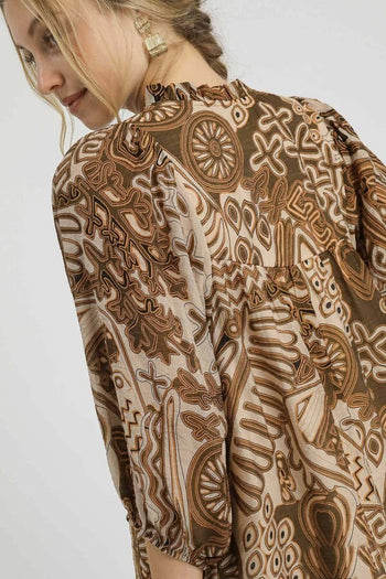 Umgee Mixed Abstract Print Top in Brown Mix