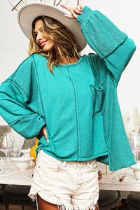 BiBi Solid Color French Terry Top in Jade Shirts & Tops BiBi   