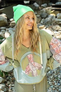 POL CROPPED Peace Sign Patched Hooded Top in Dried Matcha