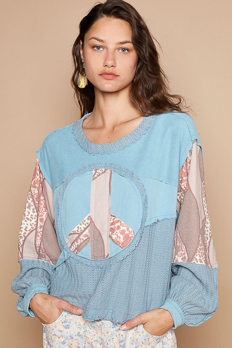 POL Long Sleeve Peace Emblem Top in Pale Blue