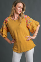 Umgee Linen Blend Top with Embroidery Bell Sleeve in Mustard