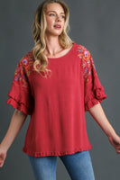 Umgee Linen Blend Top with Embroidery Bell Sleeve in Scarlet