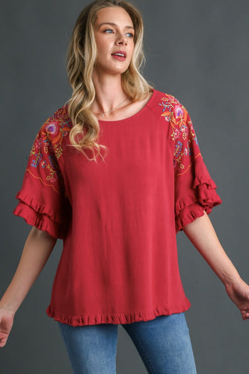 Umgee Linen Blend Top with Embroidery Bell Sleeve in Scarlet