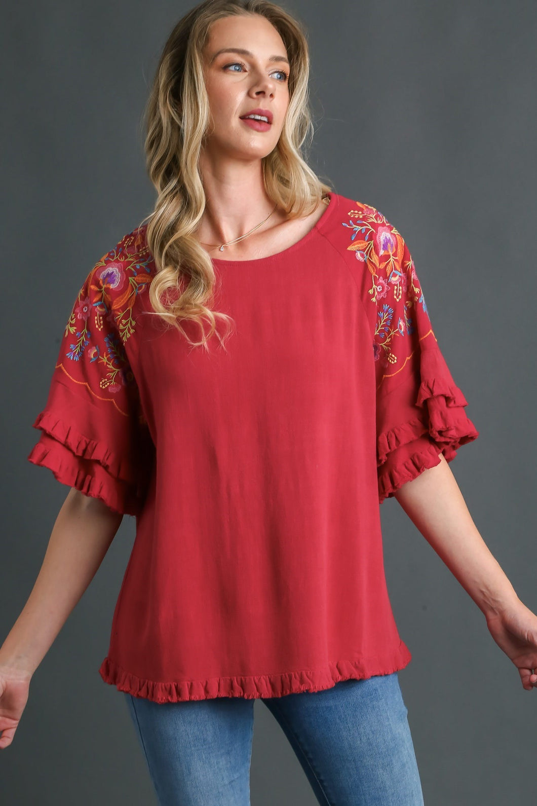 Umgee Linen Blend Top with Embroidery Bell Sleeve in Scarlet