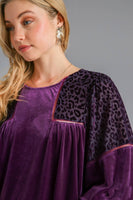 Umgee Velvet Animal Print Burnout Top in Eggplant