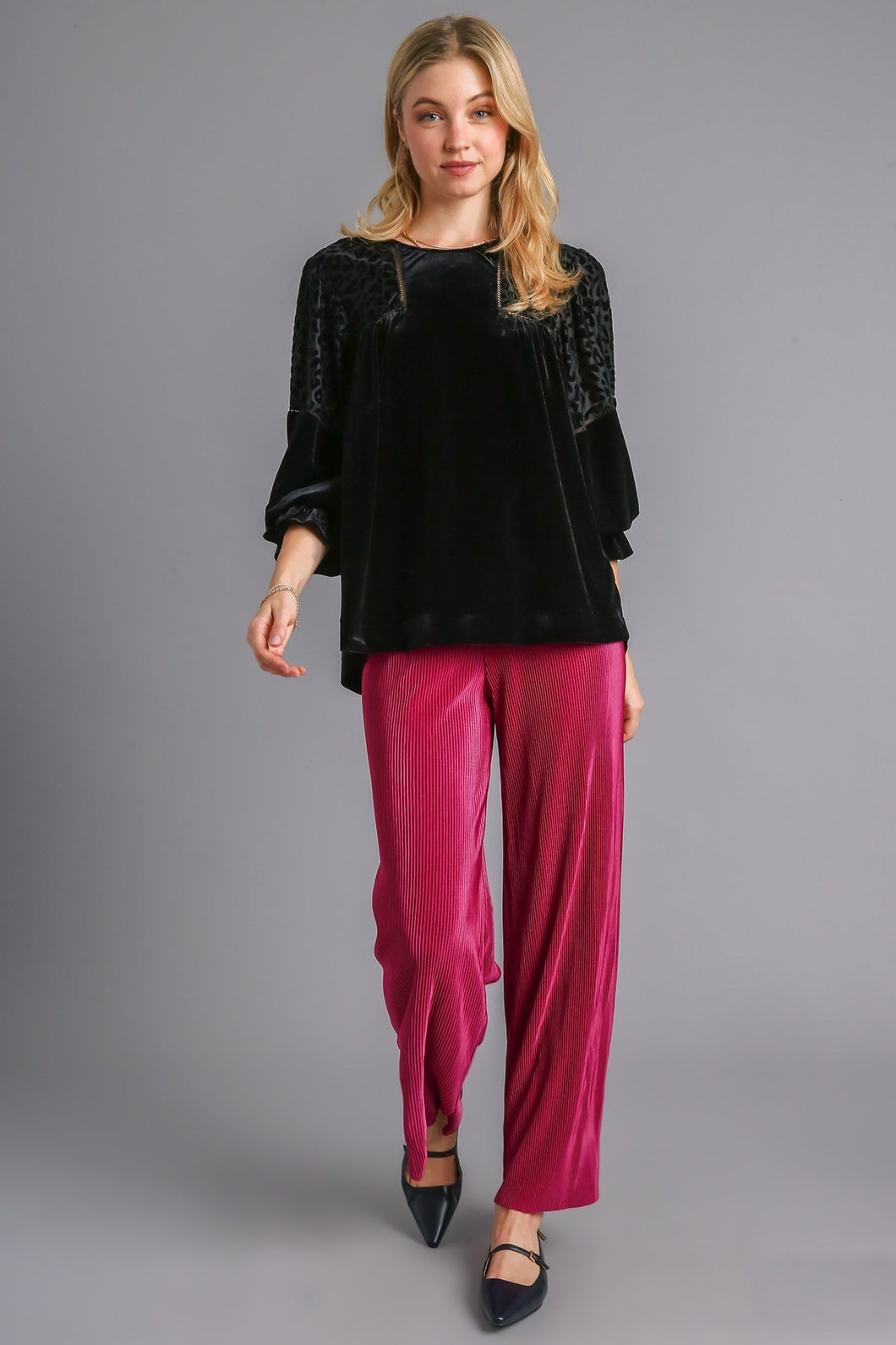 Umgee Velvet Animal Print Burnout Top in Black