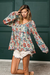 BiBi Floral Print Tiered Top in Olive Rust ON ORDER June Adel