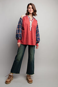 Easel Mix and Match Print Henley Top in Dried Rose Shirts & Tops Easel   