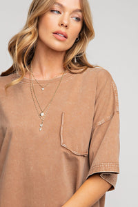 Easel Short Sleeve Mineral Wash Tunic Top in Cocoa Shirts & Tops Easel   