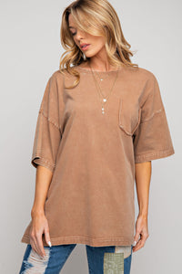 Easel Short Sleeve Mineral Wash Tunic Top in Cocoa Shirts & Tops Easel   