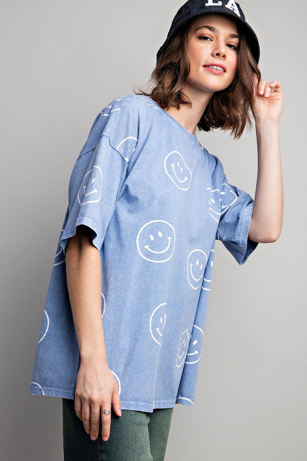 Easel Short Sleeve Smiley Face Top in Peri Blue Shirts & Tops Easel   