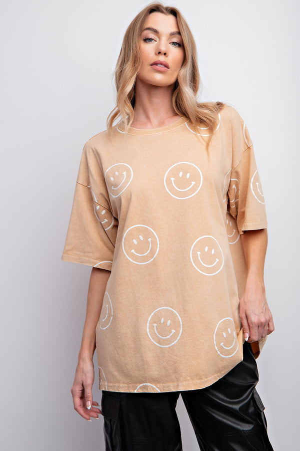 Easel Short Sleeve Smiley Face Top in Toast Shirts & Tops Easel   