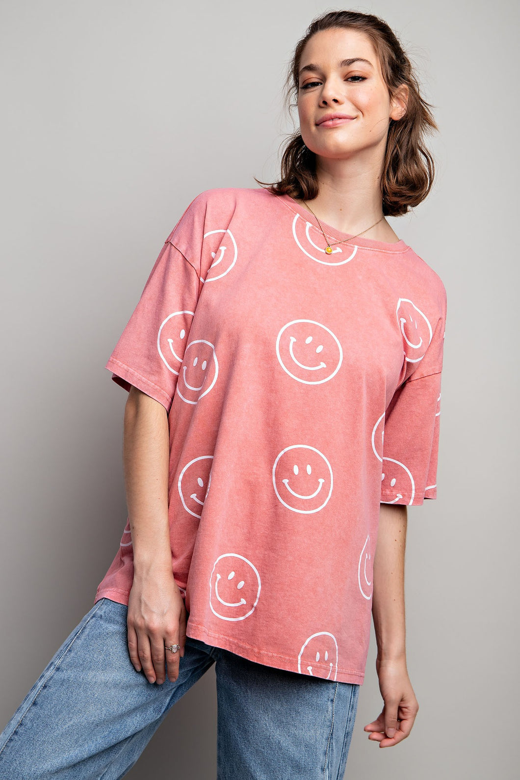 Easel Short Sleeve Smiley Face Top in Coral Shirts & Tops Easel   