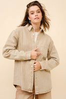 Blue B Denim Boyfriend Shirt Jacket with Embellished Sparkle Stone Pinstripes in Camel