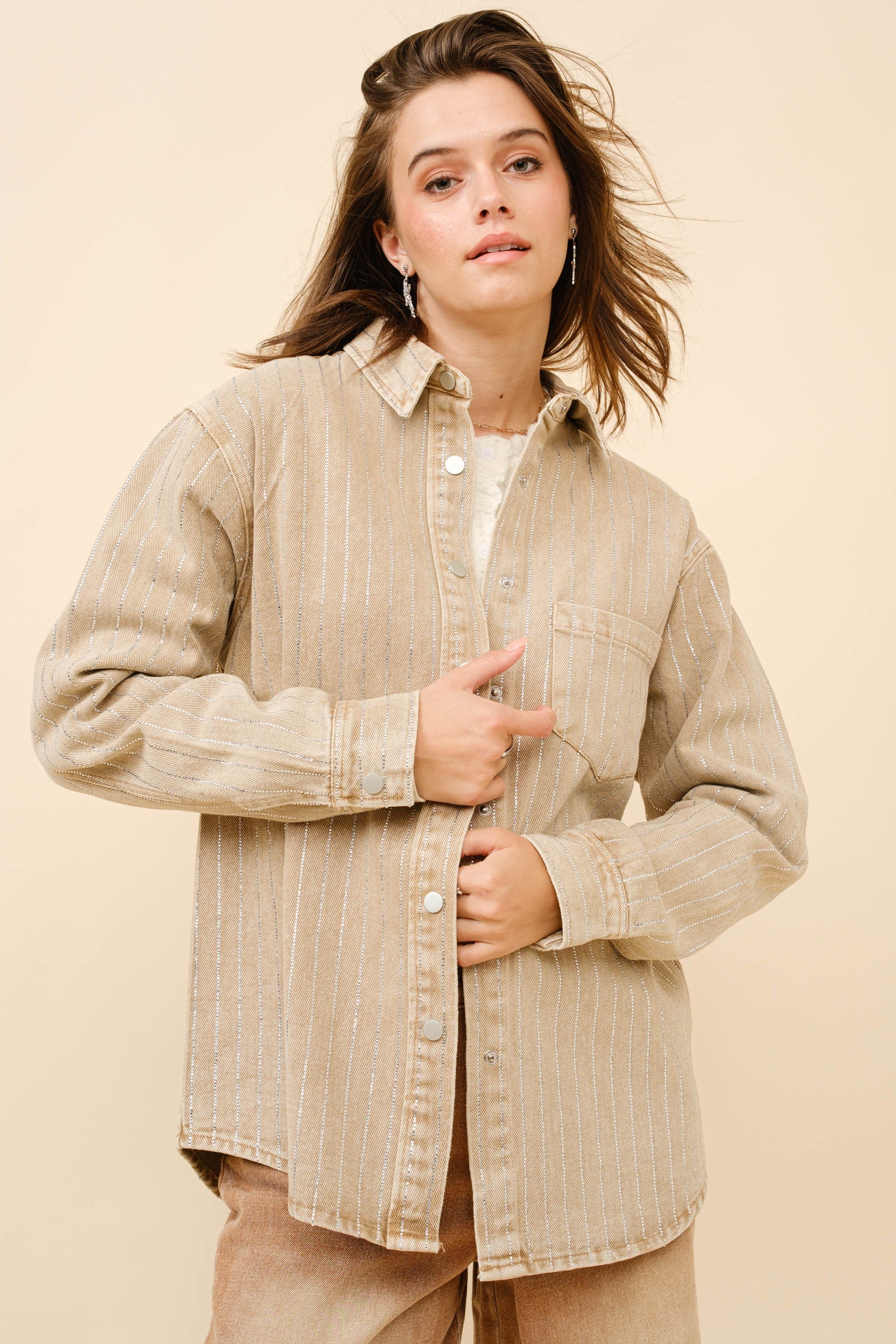 Blue B Denim Boyfriend Shirt Jacket with Embellished Sparkle Stone