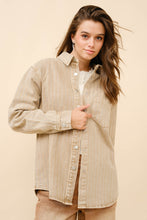 Load image into Gallery viewer, Blue B Denim Boyfriend Shirt Jacket with Embellished Sparkle Stone Pinstripes in Camel
