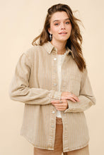 Load image into Gallery viewer, Blue B Denim Boyfriend Shirt Jacket with Embellished Sparkle Stone Pinstripes in Camel
