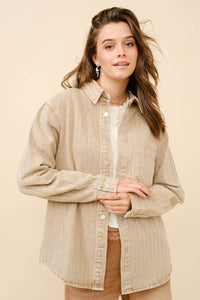 Blue B Denim Boyfriend Shirt Jacket with Embellished Sparkle Stone Pinstripes in Camel