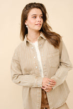 Load image into Gallery viewer, Blue B Denim Boyfriend Shirt Jacket with Embellished Sparkle Stone Pinstripes in Camel
