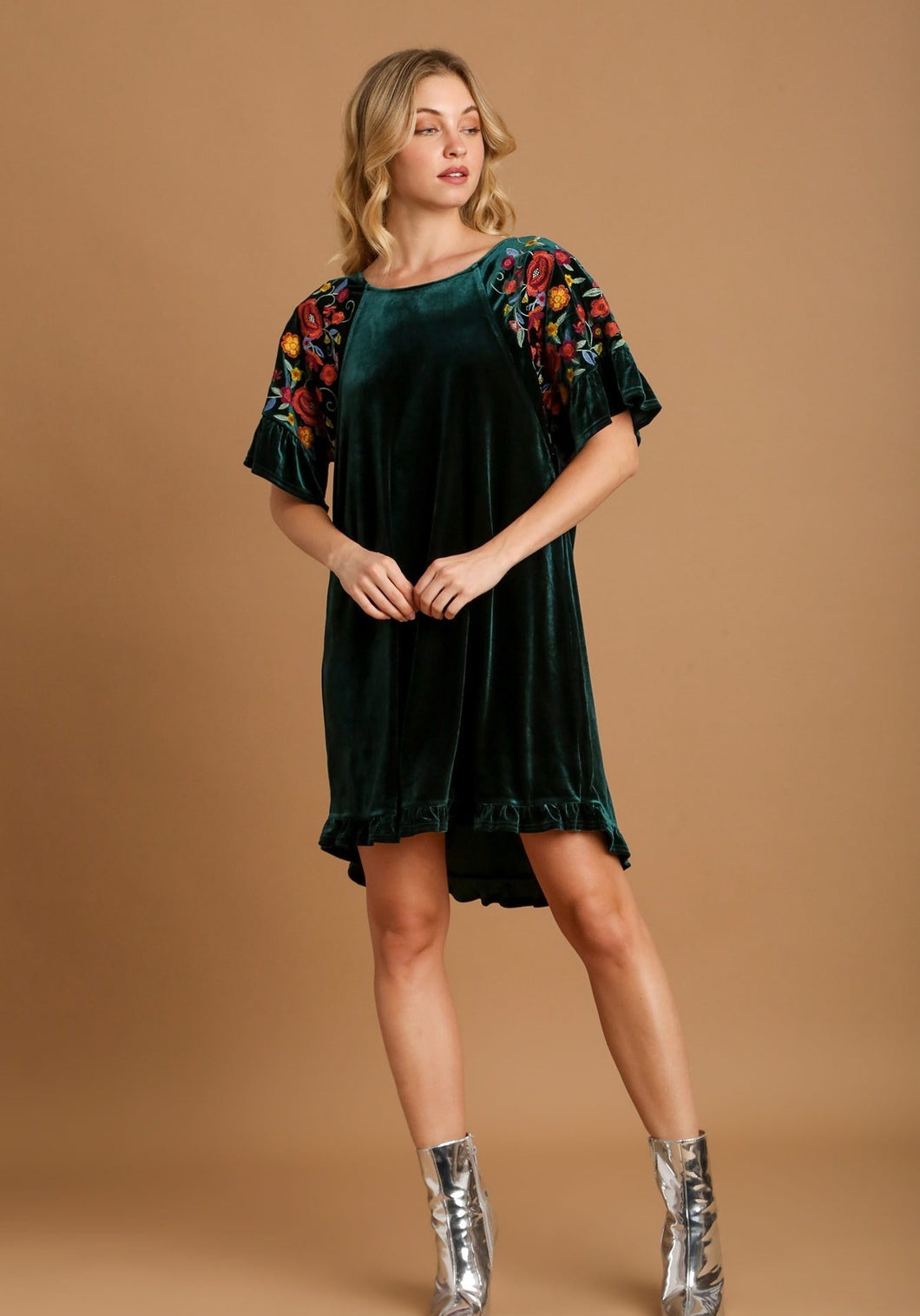 Umgee Velvet Mini Dress with Floral Embroidery in Hunter Green