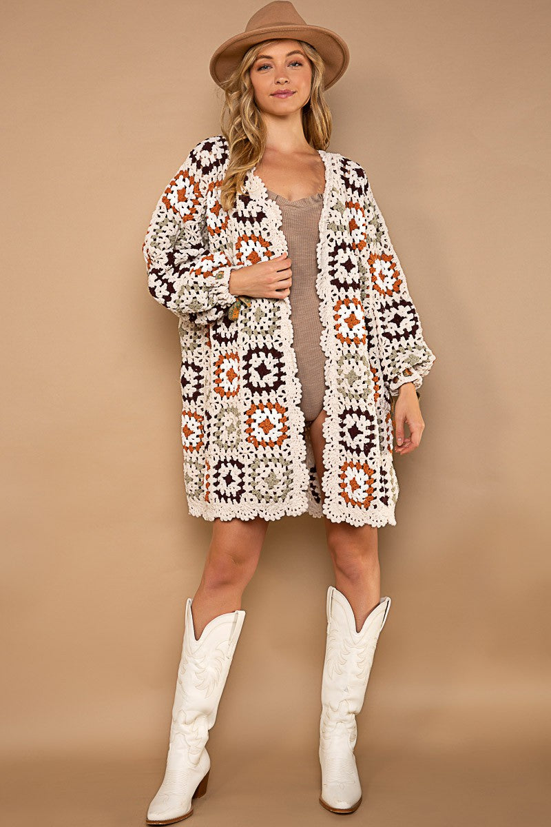 POL Crochet Granny Square Cardigan in Powder Beige Multi Cardigan POL Clothing   