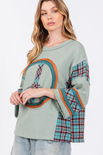 Load image into Gallery viewer, Sage+Fig Solid and Plaid Top with Peace Sign Patch on Front in Autumn Sage
