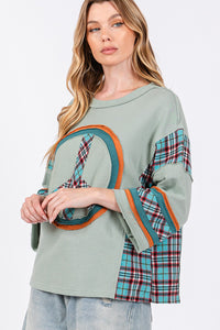 Sage+Fig Solid and Plaid Top with Peace Sign Patch on Front in Autumn Sage